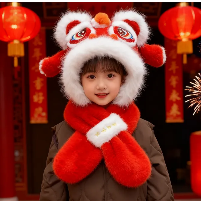 耳朵会动保暖新年红色国风醒狮儿童帽子围巾一体冬季男女童护耳帽