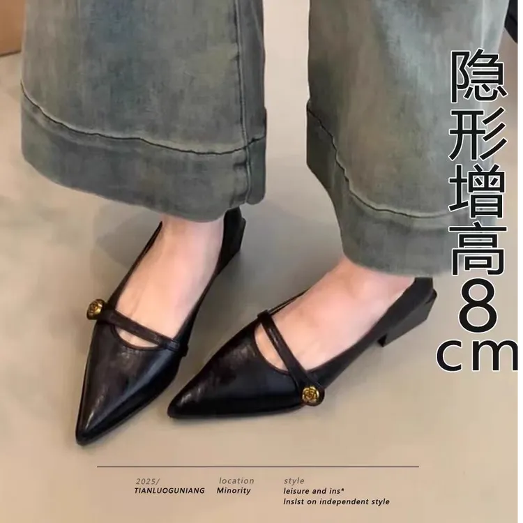 尖头复古山茶花一字带粗跟内增高玛丽珍鞋女浅口高跟法式气质单鞋