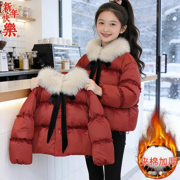 女童红色蝴蝶结棉服冬装2025新款公主风韩版毛领中大童棉袄拜年服