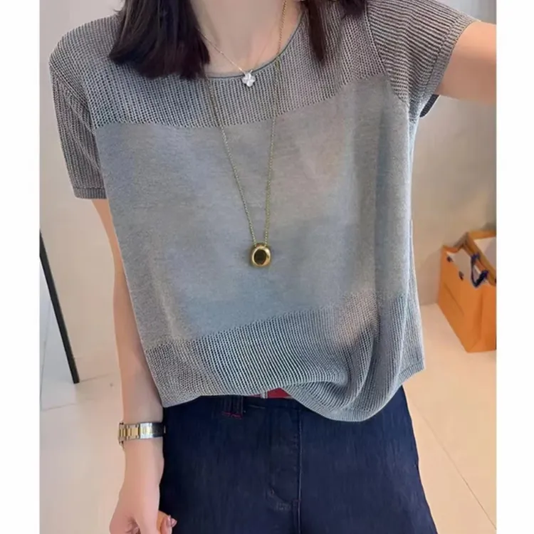【半岛】极简风纯色短袖薄款夏季女毛针织衫毛衣宽松显瘦上衣针织衫