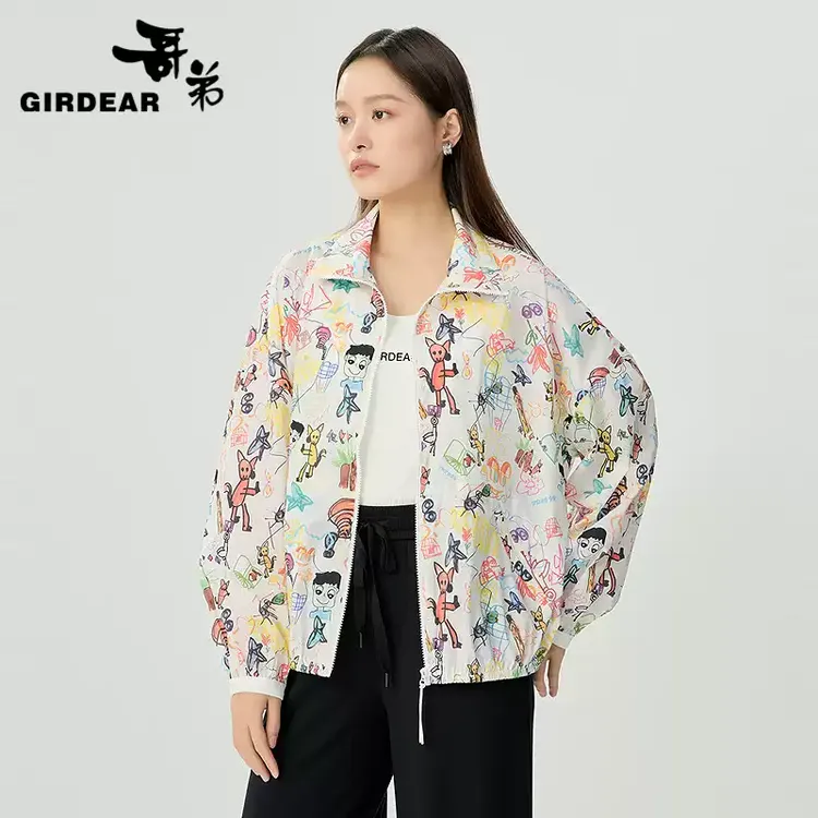 哥弟 品质女装经典满印宽松百搭立领印花运动休闲薄外套1400750