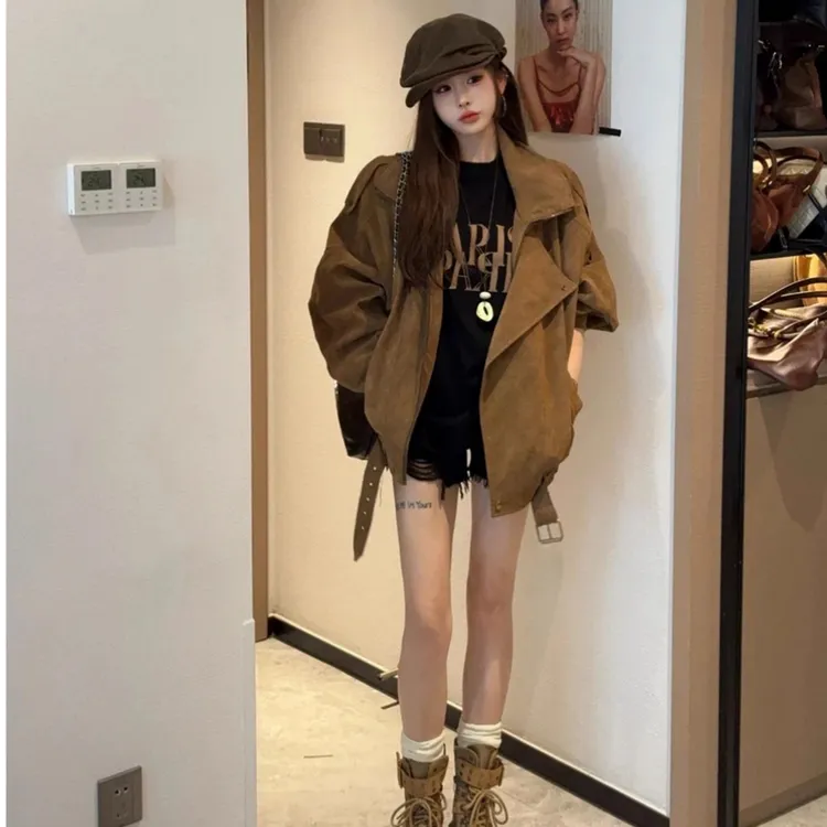 复古美拉德麂皮机车服外套女秋季休闲宽松翻领廓形感工装夹克上衣