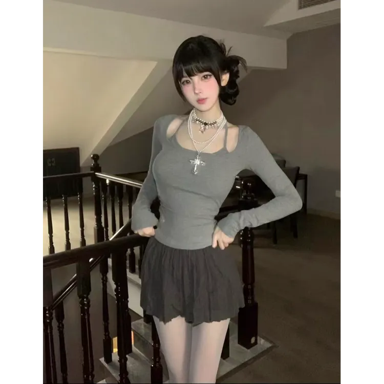 美式设计感假两件长袖T恤女新款打底修身短款上衣气质短裙两件套