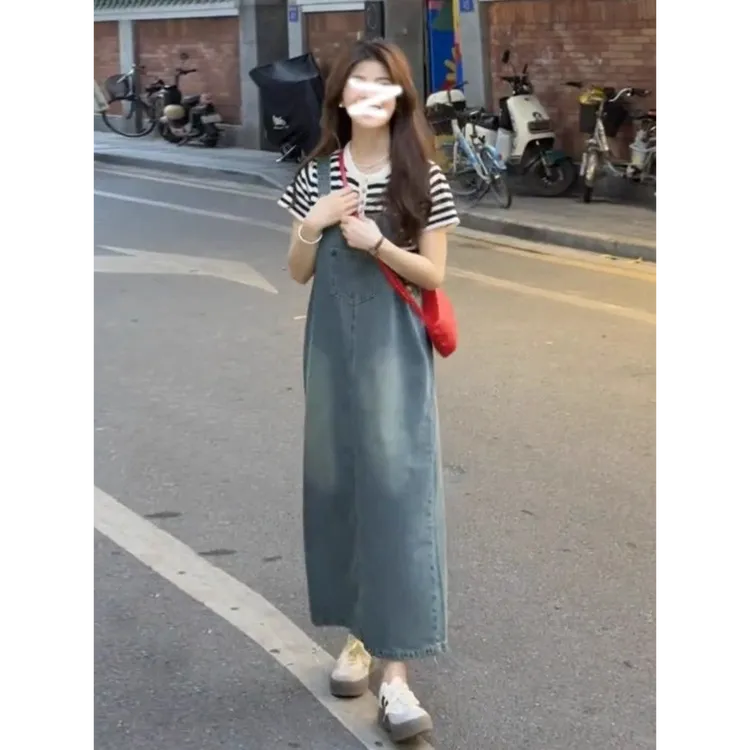 复古水洗牛仔背带连衣裙女夏季薄款小个子宽松遮肉显瘦减龄连体裙