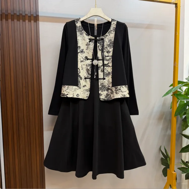早秋新款时尚洋气新中式拼接马甲十遮肉打底连衣裙两件套套装