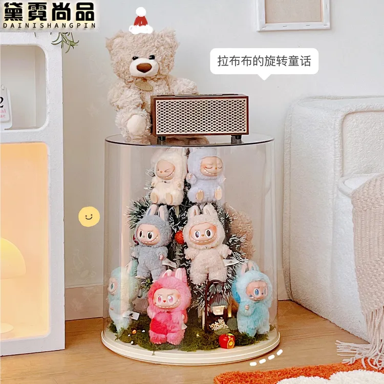旋转labubu展示盒透明亚克力拉布布防尘罩玩偶挂件娃娃收纳展示盒