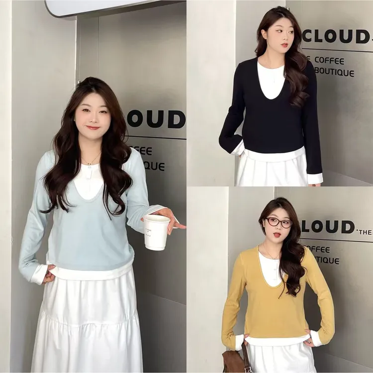 裂渡宣宣【双重奏】微胖大码女秋百搭日常假两件显瘦针织衫ZY507A13