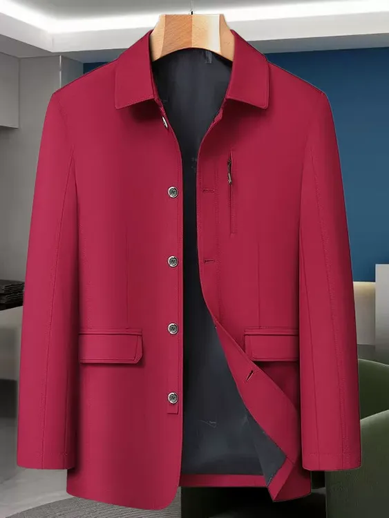 高档男士秋季新款爸爸外套中年翻领扣子风衣中老年爷爷红色夹克