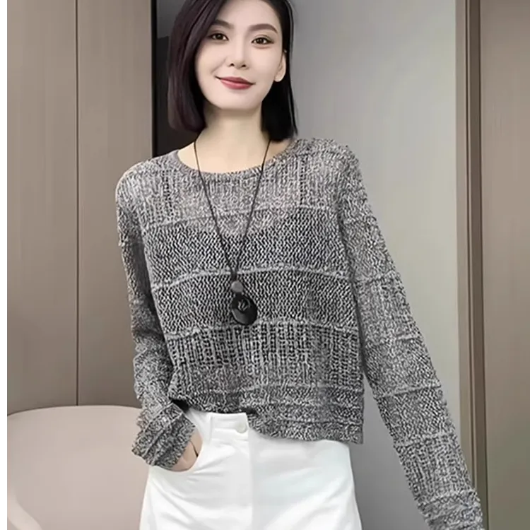 复古长袖针织衫女士2025新款春秋百搭小个子洋气镂空独特漂亮小衫