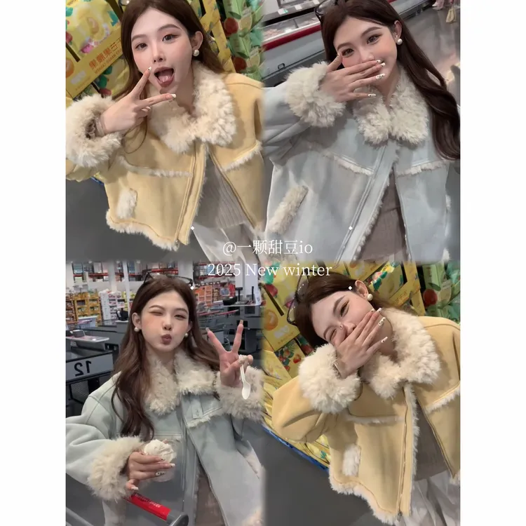 仿羔毛外套女2025冬季短款小个子机车服软糯加厚上衣