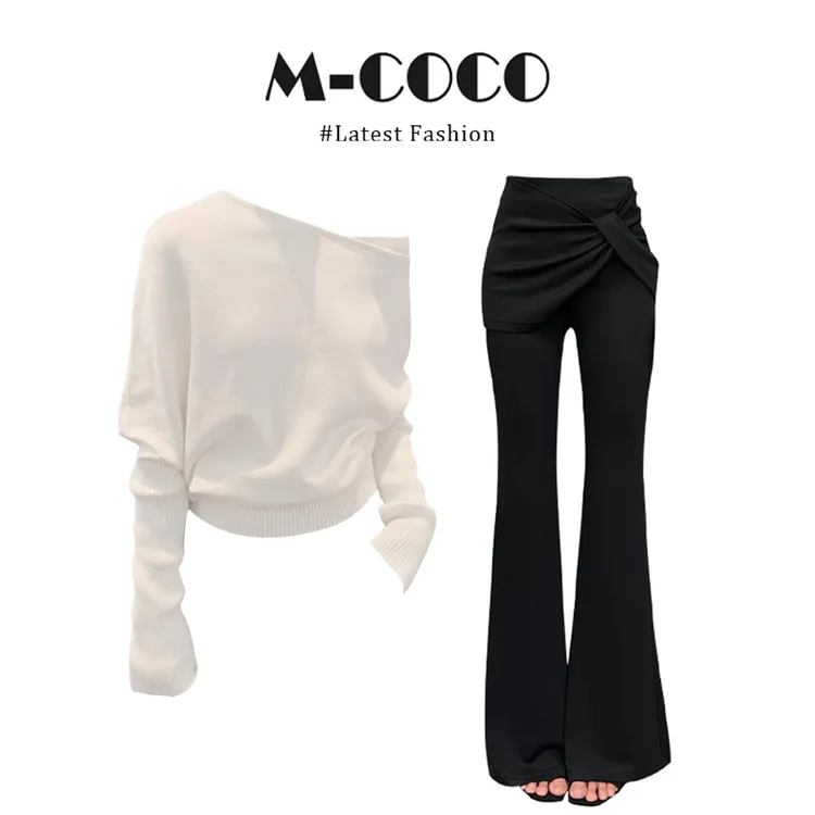 parkyeon韩式高级感温柔风露肩针织衫高腰显瘦喇叭裤早秋两件套