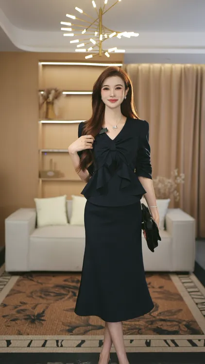 罗曼定制  夏季气质藏蓝时尚套装洋气工装风短袖极简风休闲风