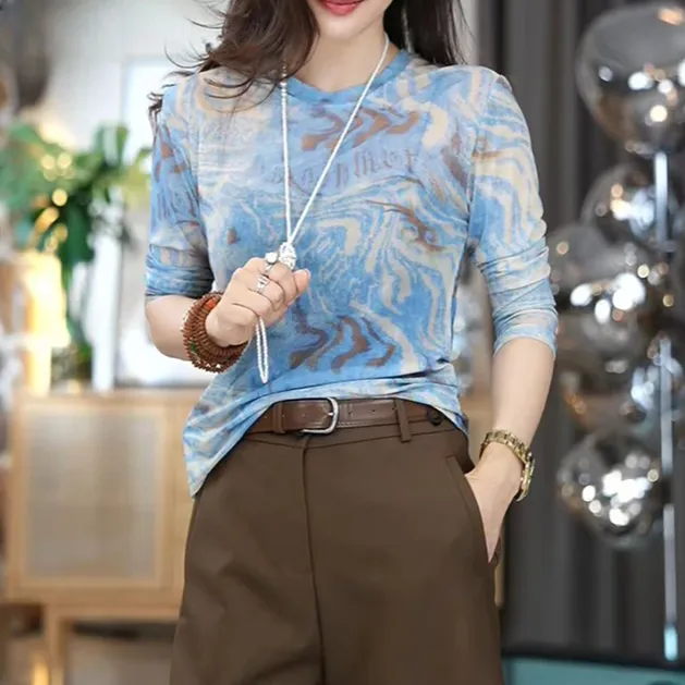 【幽兰似水】长袖 夏季时尚欧货减龄印花T恤圆领网纱百搭上衣1751