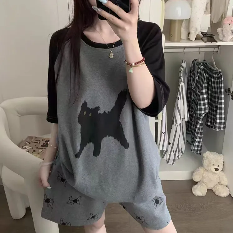 短袖短裤睡衣家居服套装韩版薄款印花大码宽松莫代尔圆领套头胖妹