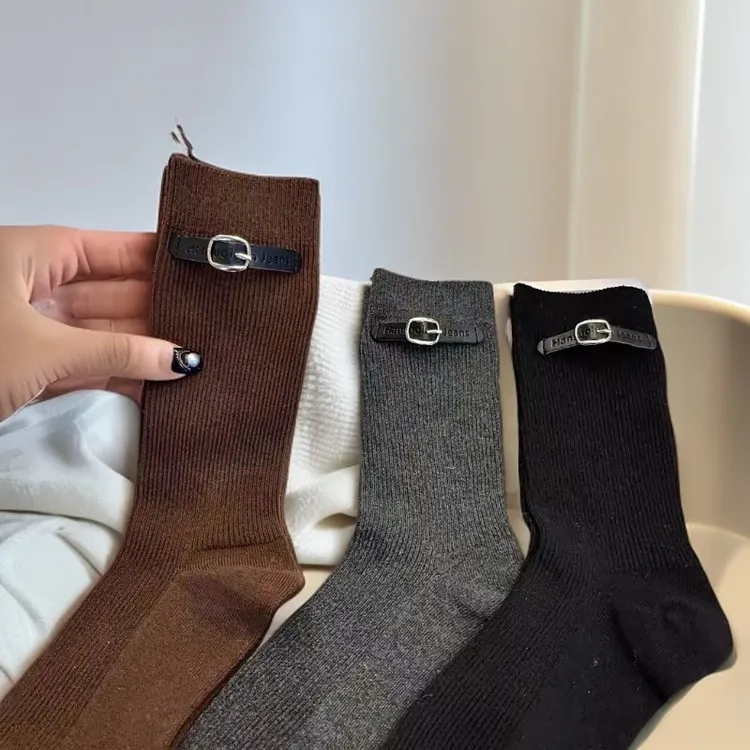 女士秋冬双针饰品潮袜里外棉皮扣重工长筒堆堆袜欧货时尚百搭潮袜