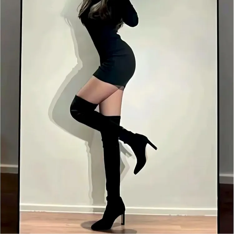 【TAOTAO】长靴女绒面性感显瘦小个子过膝长筒靴尖头粗跟弹力瘦瘦靴