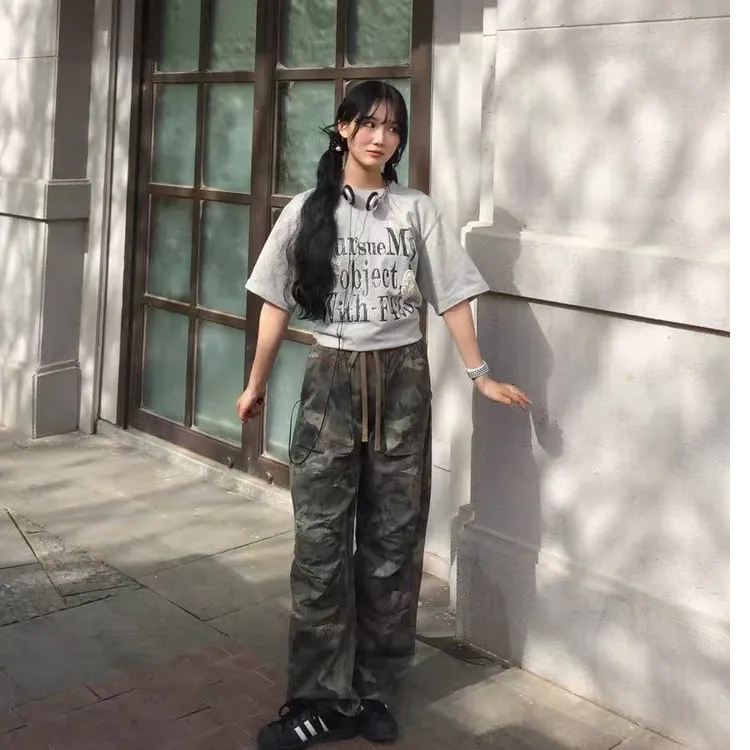 美式迷彩工装裤男废土风做旧街头伞兵裤宽松阔腿显瘦休闲裤