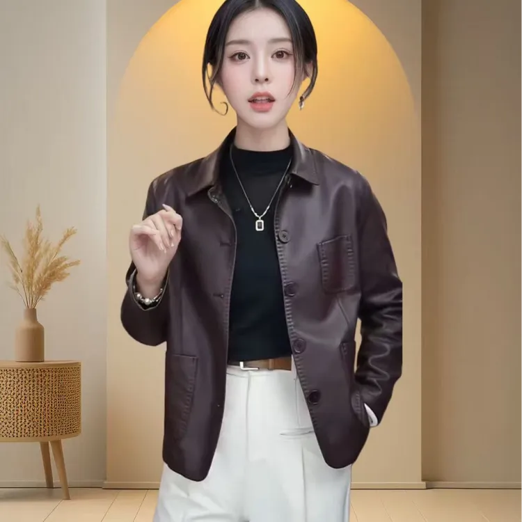 【单里衬】海宁正品2025春秋新款时尚休闲翻领气质皮衣外套女JH088
