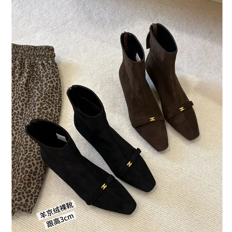 B015冬季休闲风粗跟细跟韩版方头短靴气质靴子女靴高跟法式瘦瘦靴