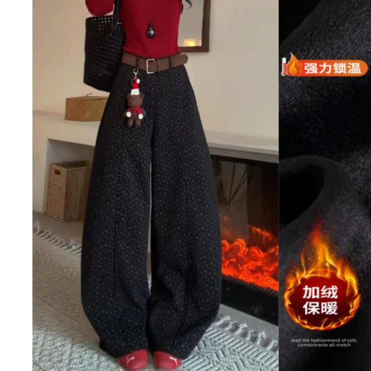 景倩妮韩系松弛感碎花弯刀休闲裤2025冬季新款加绒显瘦窄版阔腿裤