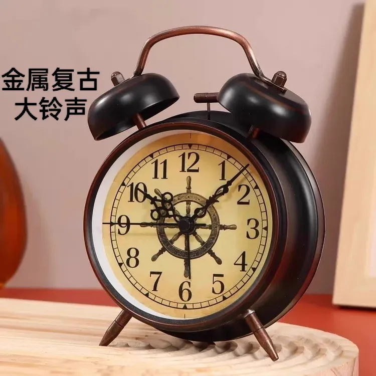 康巴丝仿古闹钟金属外壳走时静音敲击铃铛的铃音夜视灯铃声大时钟