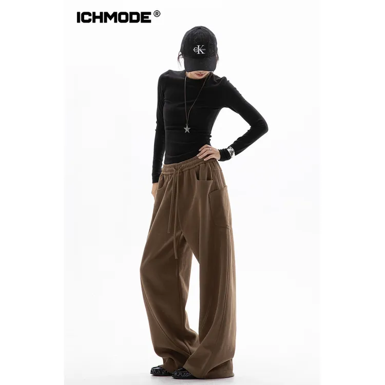 ICH MODE 美式复古拼接休闲裤女秋季直筒运动裤宽松百搭阔腿裤子
