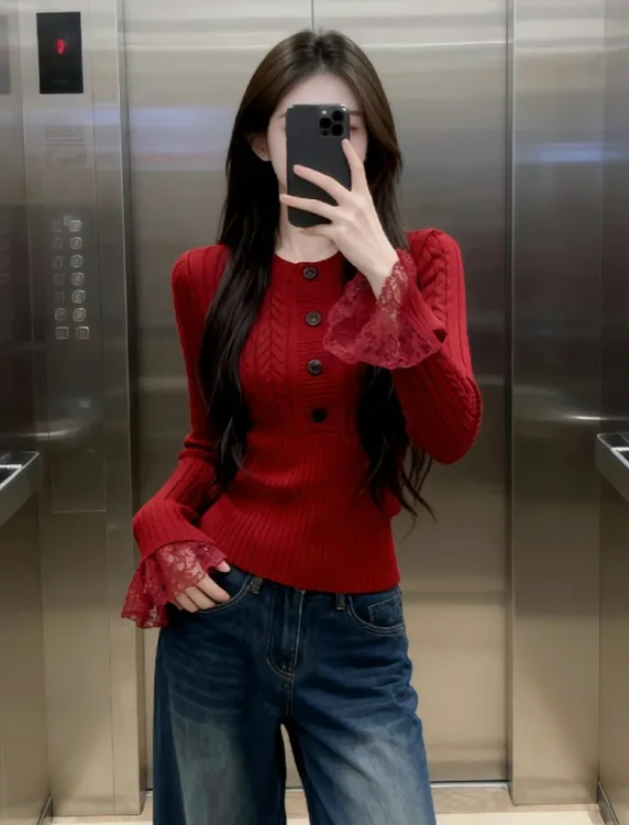 圣诞过年红色毛衣女冬内搭高端独特漂亮绝美巨好看气质掐腰针织衫