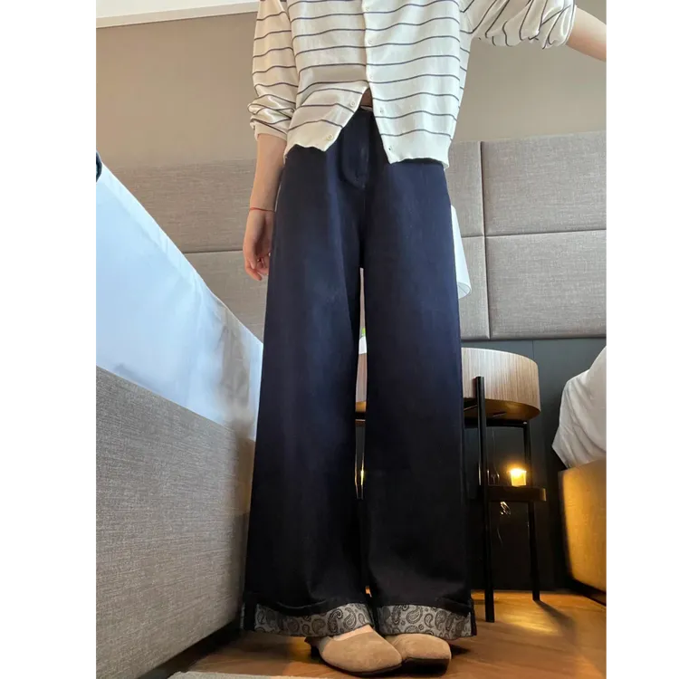深蓝色翻边阔腿牛仔裤女秋季新款胖妹妹mm高腰遮胯腰果花直筒长裤