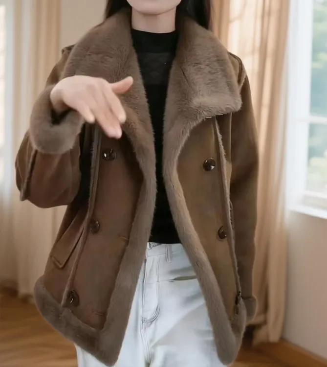 短款保暖女冬季宽松型立领短外套网红加厚女士百搭皮毛一体外套女