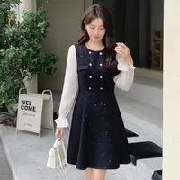 现货2767小香风拼接袖连衣裙