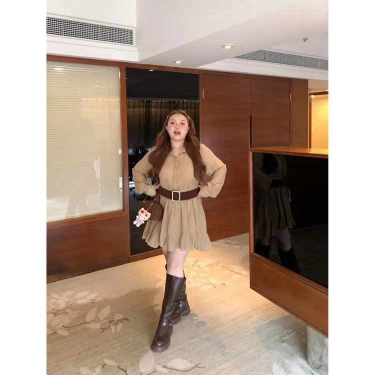 慧芝huizhi 21307连衣裙（带腰带）定制款 三色收腰显瘦微胖连衣裙