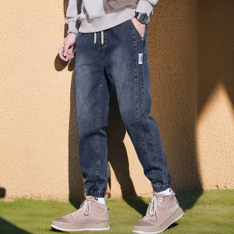 秋冬季厚款阔腿牛仔裤男宽松弹力束脚哈伦裤男潮流百搭休闲裤子男