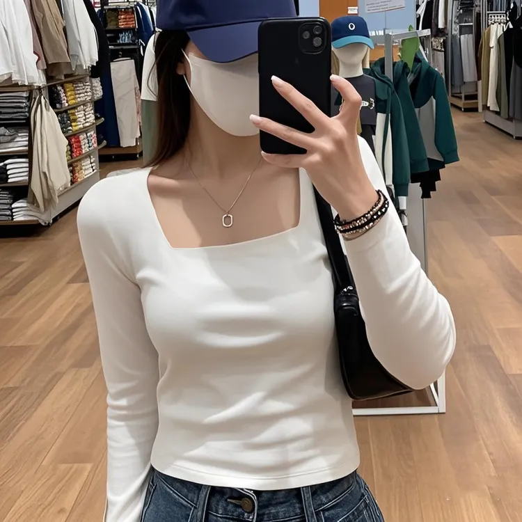 白色方领长袖打底衫t恤女2025早秋新款修身显瘦内搭爆款上衣女装