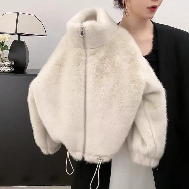 2025新款毛毛外套女童百搭洋气毛绒加绒加厚立领米白色冬季韩版