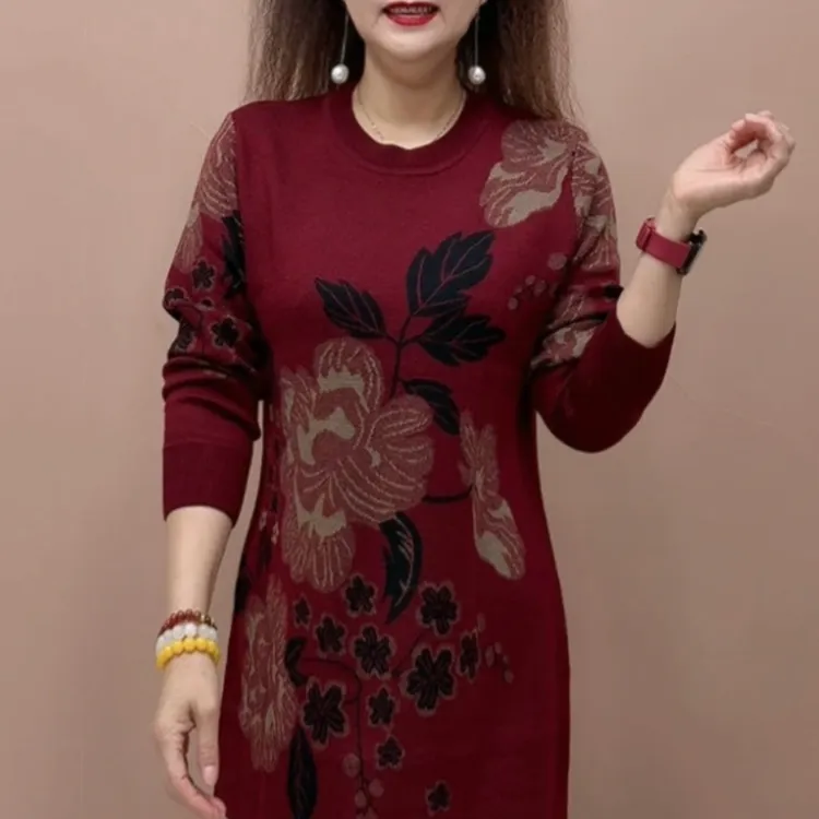 秋季爆款休闲圆领时尚洋气上衣女针织中长款潮流显瘦百搭高端毛衣