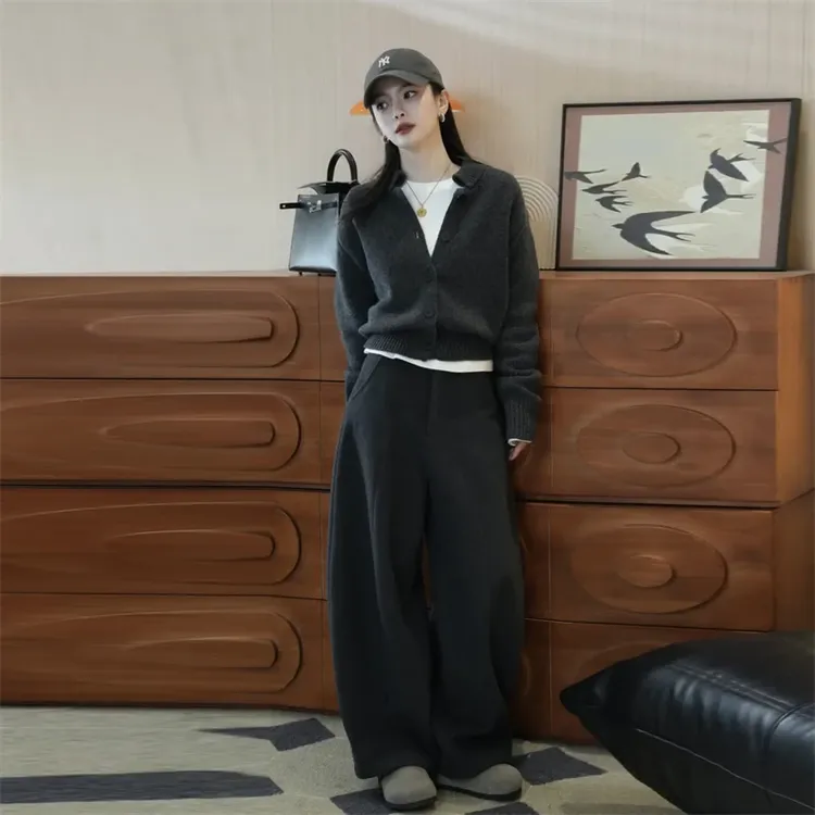 秋冬一整套休闲风高级女套装短款休闲时尚针织衫上衣高腰阔腿裤子