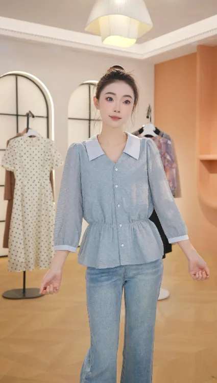 Z8239春夏衬衣女士高端时尚洋气百搭宽松V领衬衫女