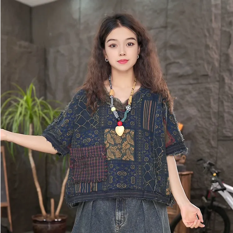 大码女装2025夏季新款韩版时尚复古民族风遮肉显瘦大版衫（新）