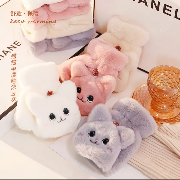 噜噜猫秋冬时尚可爱韩版卡通加绒情侣保暖毛茸茸翻盖出行防护手套