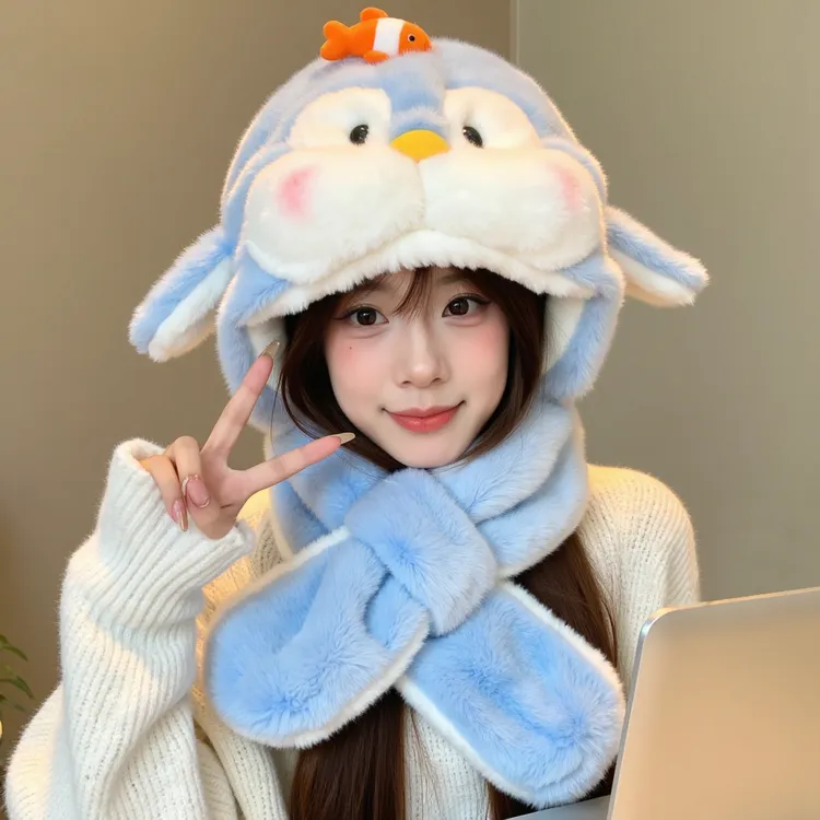 可爱企鹅帽子围巾一体加绒加厚2025新款保暖女秋冬护耳防风骑行帽