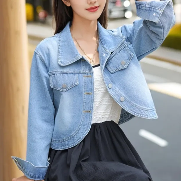 春季牛仔短外套女春秋季小个子正肩短款夹克显瘦休闲宽松上衣女