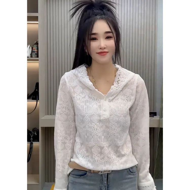 高级感连帽设计师镂空蕾丝衫拼接纱网法式长袖气质时尚百搭打底衫