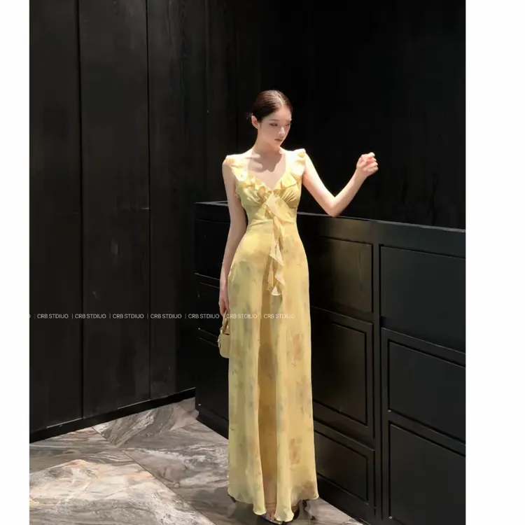 xx/W207 0709-1【Yy】法式夏季印花轻奢设计师连衣裙吊带小众长裙