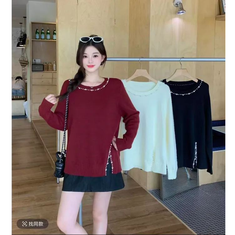 2025秋季新款大码胖mm慵懒风设计感宽松钉珠开叉针织衫上衣女769