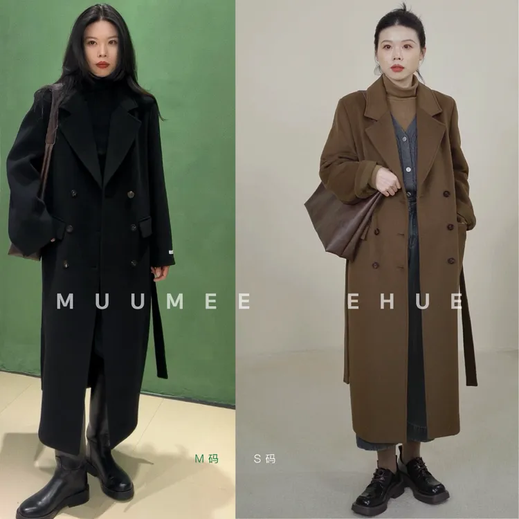 MUUMEE简约大袖子赫本风直角肩垫肩长款羊毛大衣外套韩版双排扣