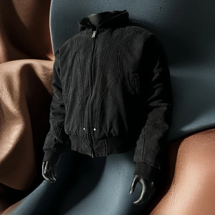 【轻奢大促】黑色加厚绒毛连帽棉服男士2025秋冬款美式cleanfit夹克