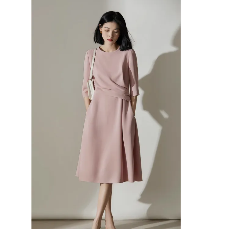 大码连衣裙女出席正式场合夏季新款收腰仿醋酸捏褶显瘦气质中长裙