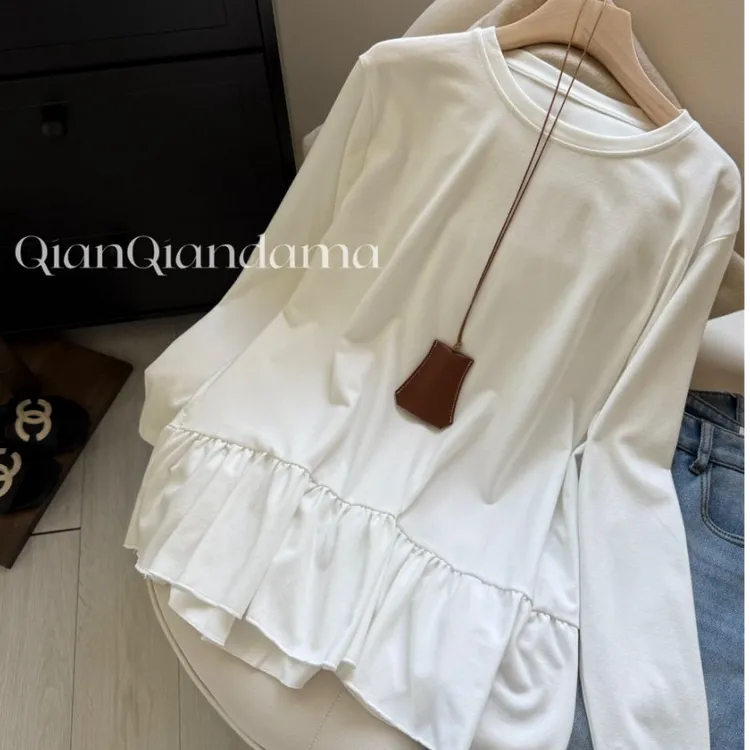 芊芊大码秋冬芭蕾风荷叶边打底衫长袖T恤上衣【251203-855】