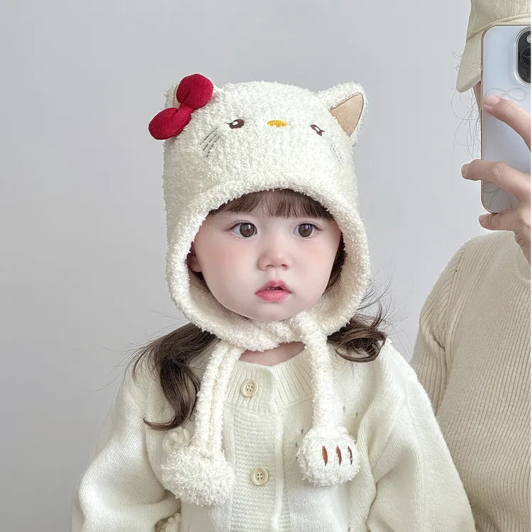 儿童帽子秋冬季保暖加厚针织毛线帽女宝宝可爱卡通防风毛绒护耳帽