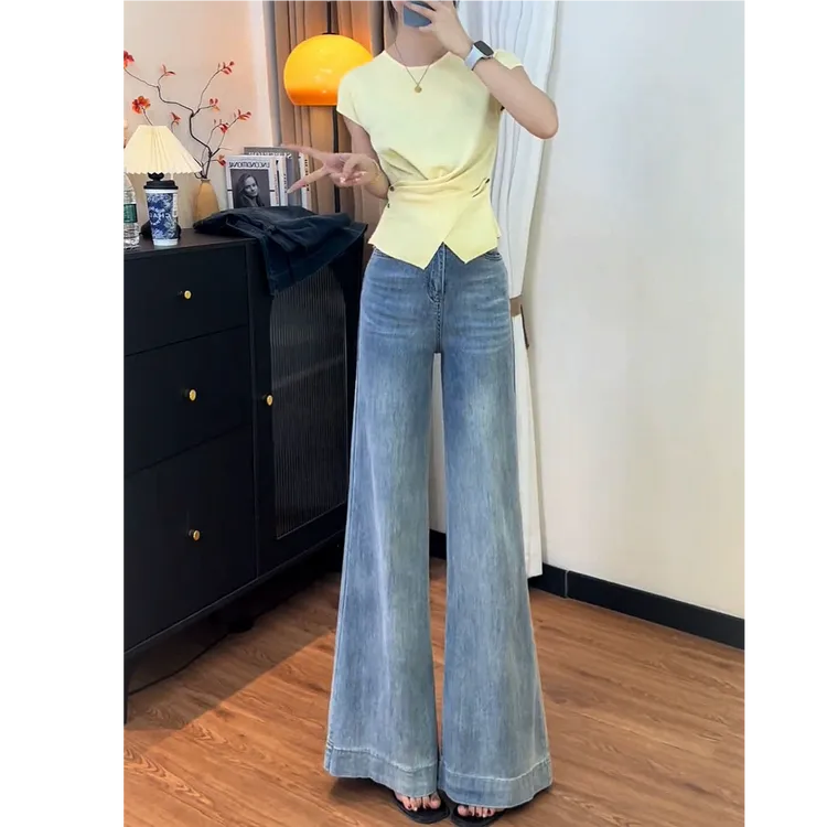 天空蓝不贴腿百搭蕾丝宽版2025秋原版实拍A字版网红阔腿牛仔裤女